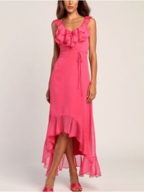 Lulu's Hot Pink Ruffle V-Neck Maxi Dress